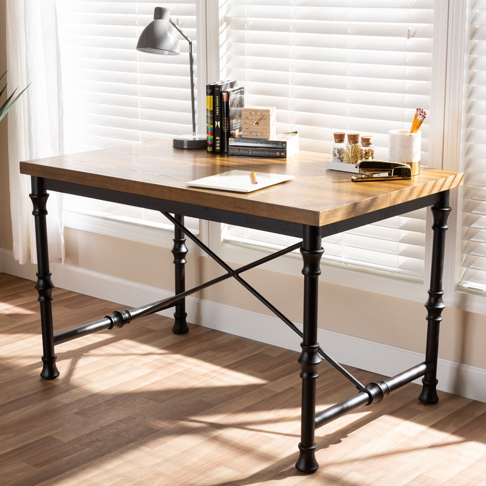 Baxton Studio Verdin Vintage Rustic Industrial Style Wood And Dark Bronze-Finished Criss Cross Desk