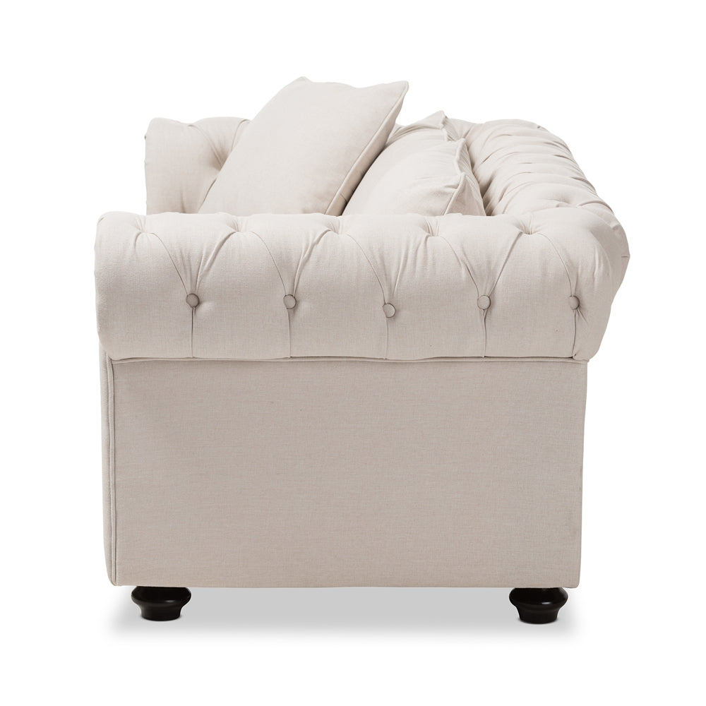 Baxton Studio Alaise Modern Classic Beige Linen Tufted Scroll Arm Chesterfield Loveseat