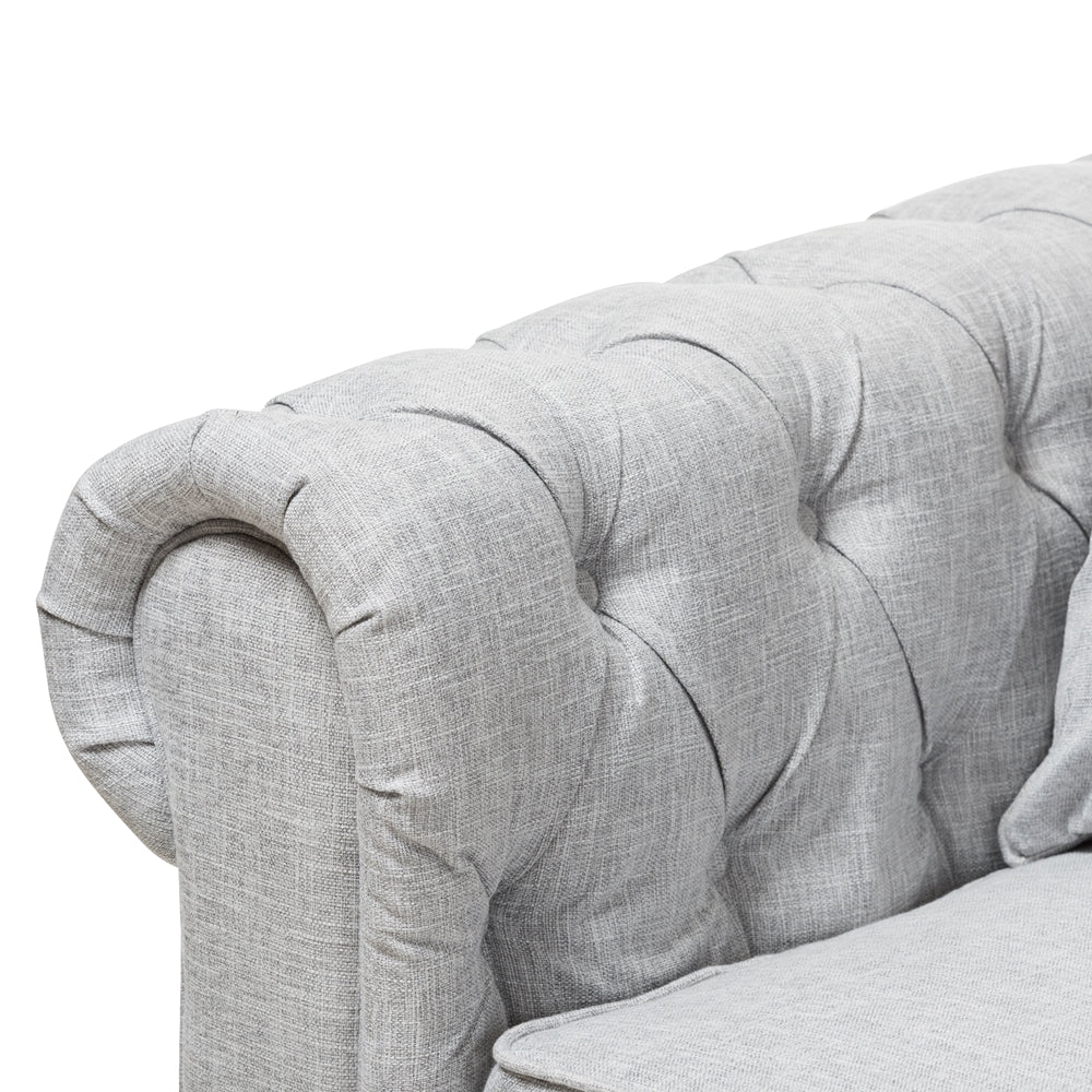 BAXTON STUDIO ALAISE MODERN CLASSIC GREY LINEN TUFTED SCROLL ARM CHESTERFIELD SOFA