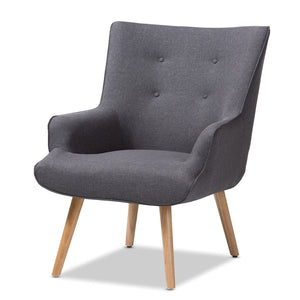 Baxton Studio Alden Mid-Century Modern Dark Grey Fabric Upholstered Natural Finished Wood Lounge Chair