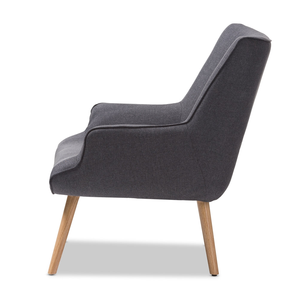 Baxton Studio Alden Mid-Century Modern Dark Grey Fabric Upholstered Natural Finished Wood Lounge Chair