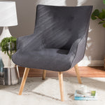 Load image into Gallery viewer, Baxton Studio Alden Mid-Century Modern Dark Grey Fabric Upholstered Natural Finished Wood Lounge Chair
