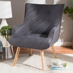 Baxton Studio Alden Mid-Century Modern Dark Grey Fabric Upholstered Natural Finished Wood Lounge Chair