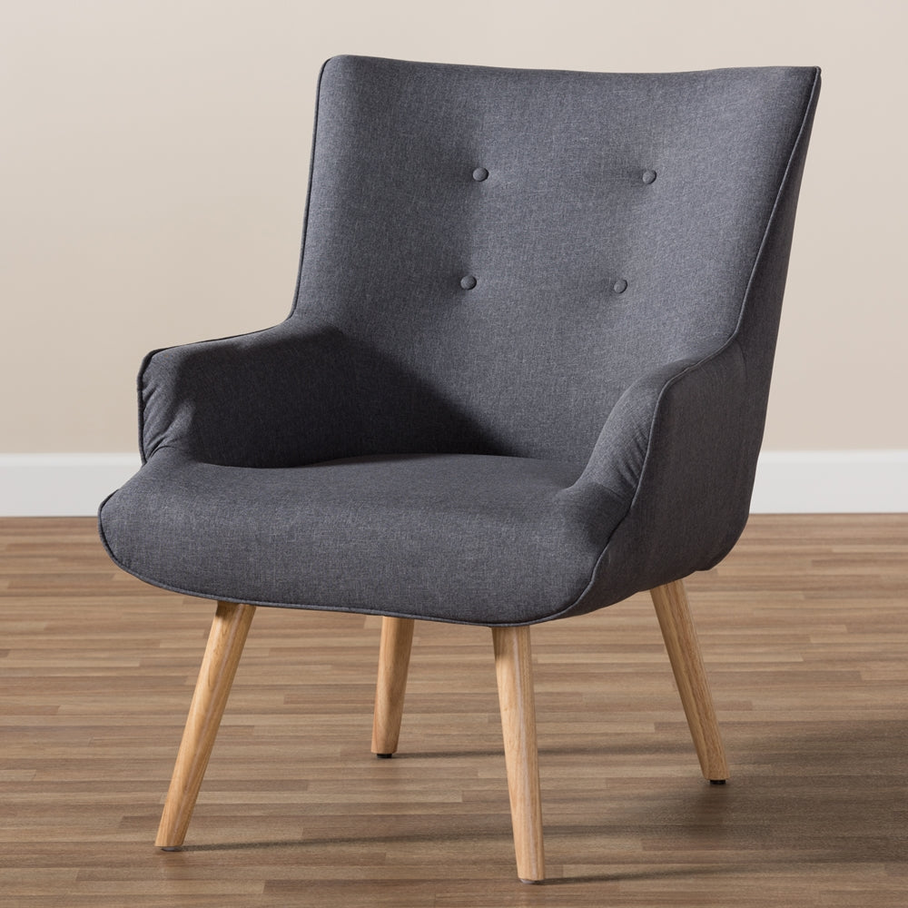 Baxton Studio Alden Mid-Century Modern Dark Grey Fabric Upholstered Natural Finished Wood Lounge Chair