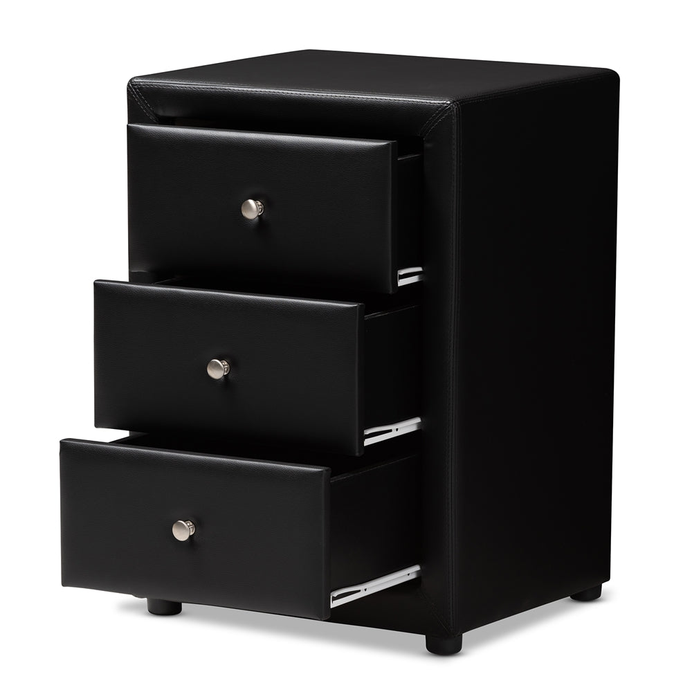 Baxton Studio Tessa Modern And Contemporary Black Faux Leather Upholstered 3-Drawer Nightstand