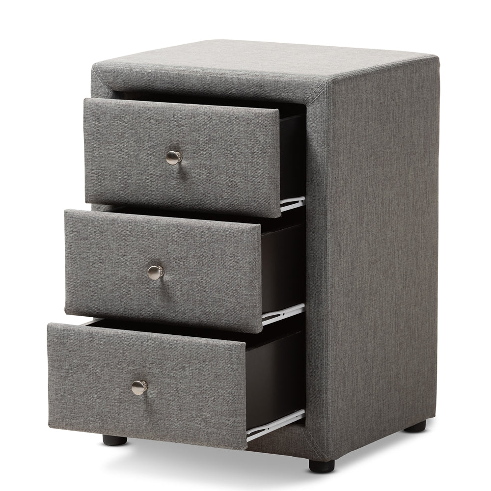 Baxton Studio Tessa Modern And Contemporary Grey Fabric Upholstered 3-Drawer Nightstand