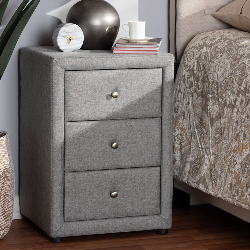 Baxton Studio Tessa Modern And Contemporary Grey Fabric Upholstered 3-Drawer Nightstand