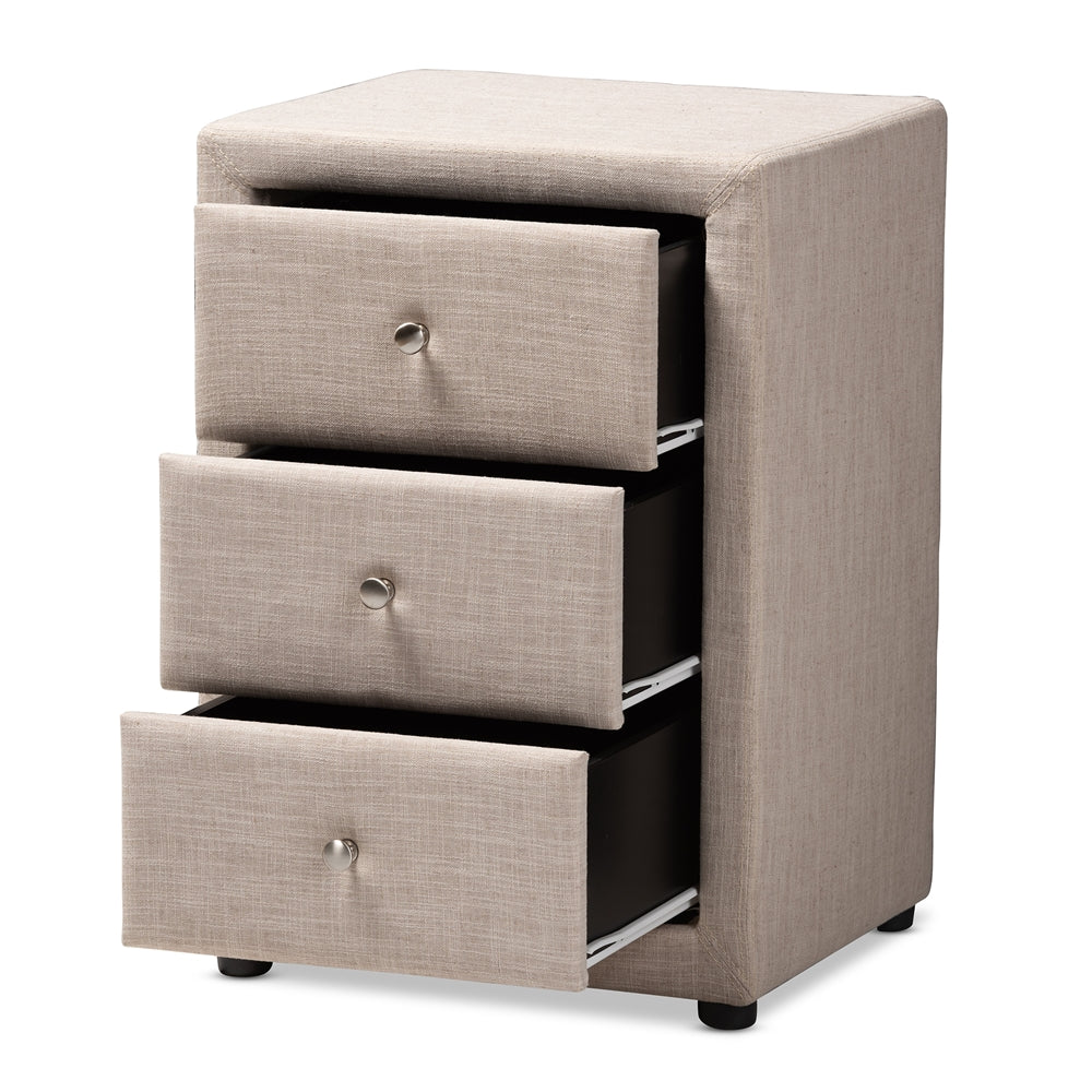 Baxton Studio Tessa Modern And Contemporary Beige Fabric Upholstered 3-Drawer Nightstand