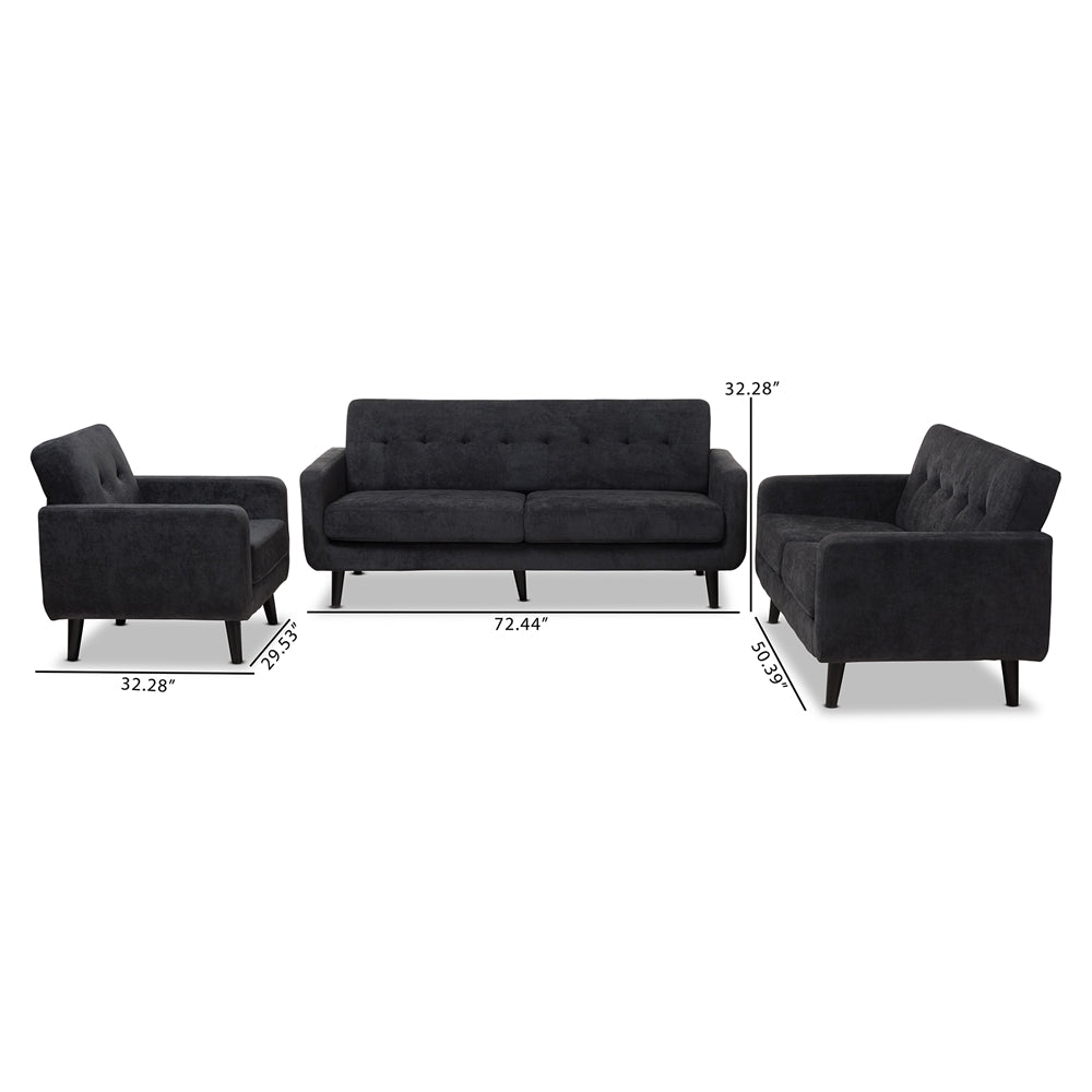 Baxton Studio Carina Mid-Century Modern Dark Grey Fabric Upholstered 3-Piece Living Room Set