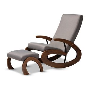 Baxton Studio Kaira Modern and Contemporary 2-Piece Fabric Upholstered and Walnut-Finished Wood Rocking Chair and Ottoman Set