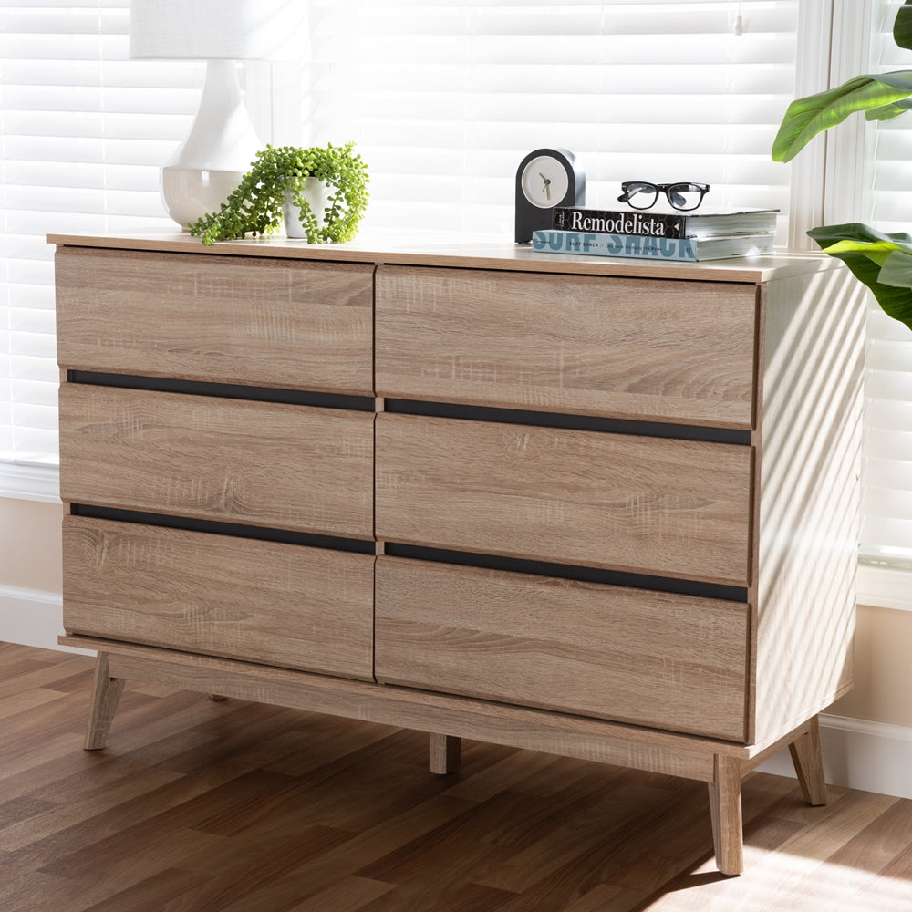 Baxton Studio Miren Mid-Century Modern Light Oak And Dark Grey 6-Drawer Dresser