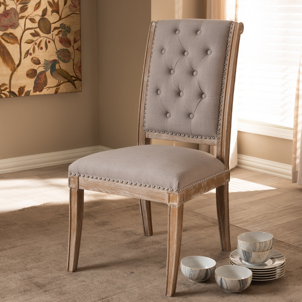 Baxton Studio Charmant French Provincial Beige Fabric Upholstered Weathered Oak Finished Wood Dining Chair