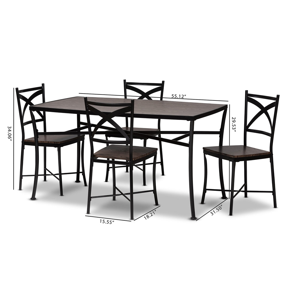 Baxton Studio Josie Rustic And Industrial Brown Wood Finished Matte Black Frame 5-Piece Dining Set