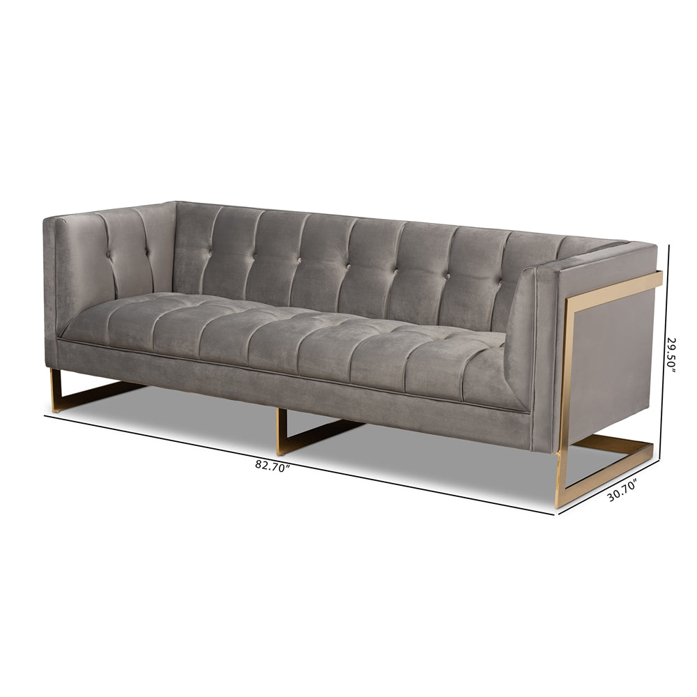 Baxton Studio Ambra Glam And Luxe Grey Velvet Fabric Upholstered And Button Tufted Sofa With Gold-Tone Frame