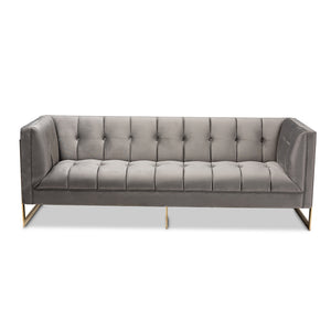 Baxton Studio Ambra Glam And Luxe Grey Velvet Fabric Upholstered And Button Tufted Sofa With Gold-Tone Frame