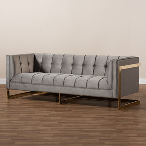 Baxton Studio Ambra Glam And Luxe Grey Velvet Fabric Upholstered And Button Tufted Sofa With Gold-Tone Frame