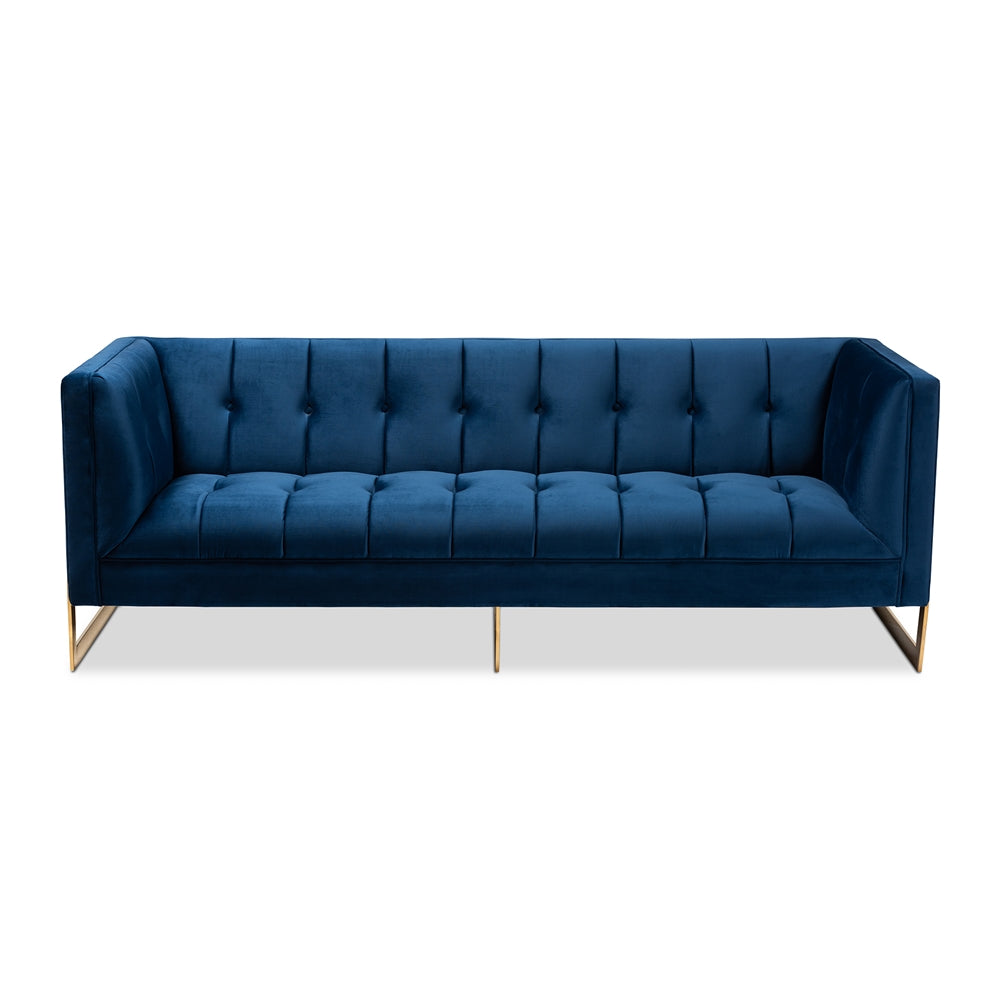 Baxton Studio Ambra Glam And Luxe Navy Blue Velvet Fabric Upholstered And Button Tufted Gold Sofa With Gold-Tone Frame