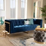 Load image into Gallery viewer, Baxton Studio Ambra Glam And Luxe Navy Blue Velvet Fabric Upholstered And Button Tufted Gold Sofa With Gold-Tone Frame
