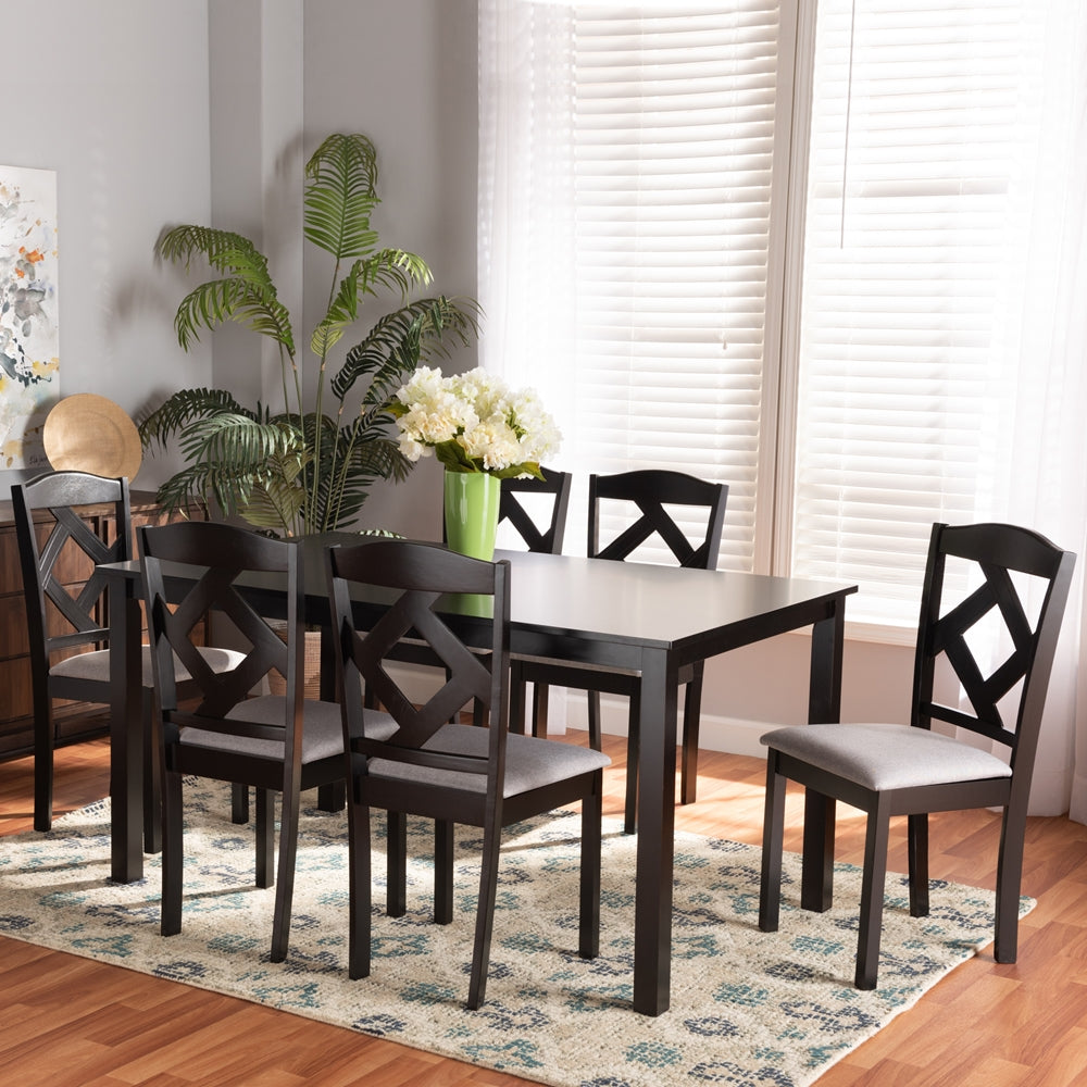 Baxton Studio Ruth Modern Transitional Grey Fabric Upholstered And Dark Brown Finished Wood 7-Piece Dining Set