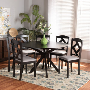 BAXTON STUDIO CARLIN MODERN TRANSITIONAL GREY FABRIC UPHOLSTERED AND DARK BROWN FINISHED WOOD 7-PIECE DINING SET