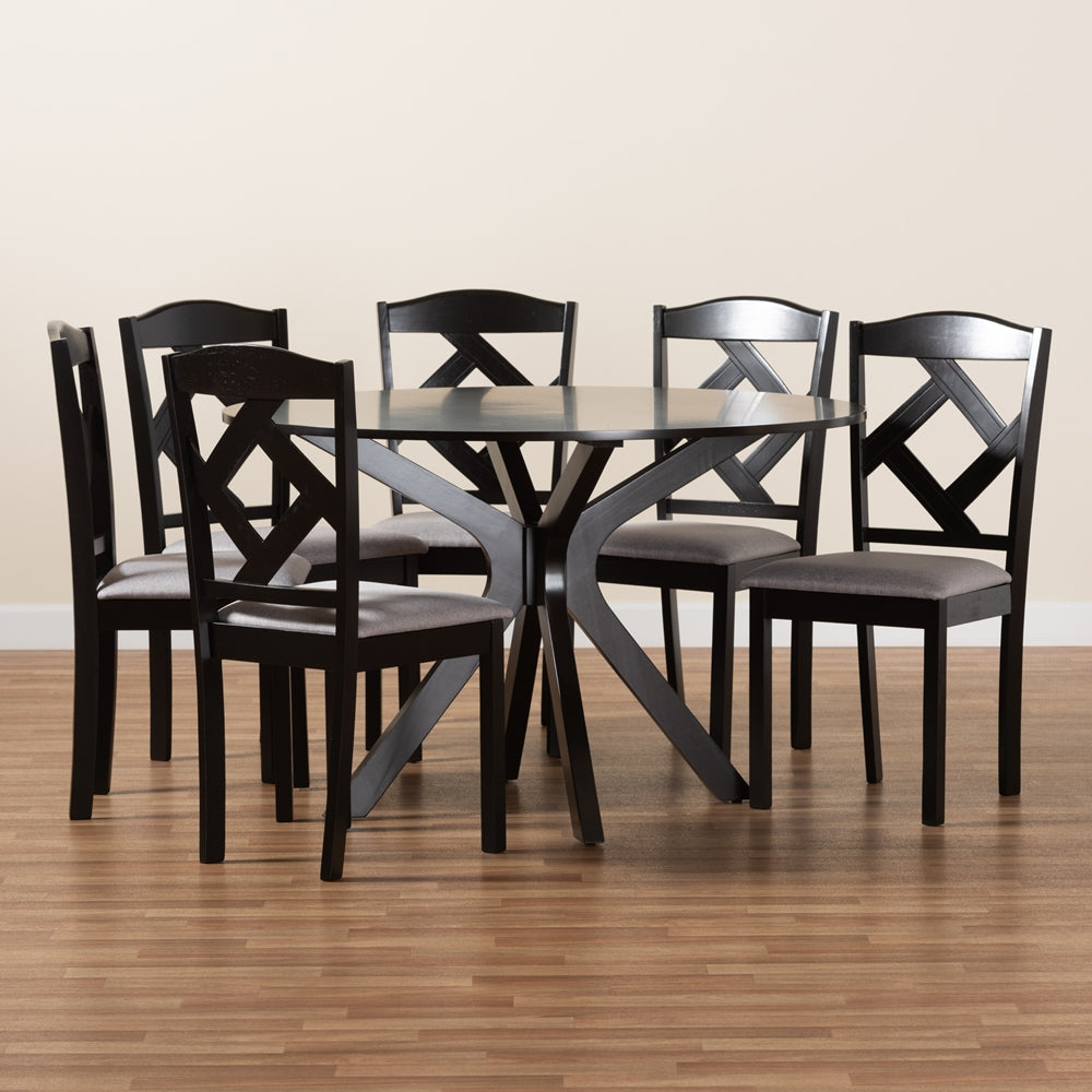 Baxton Studio Carlin Modern Transitional Grey Fabric Upholstered And Dark Brown Finished Wood 7-Piece Dining Set