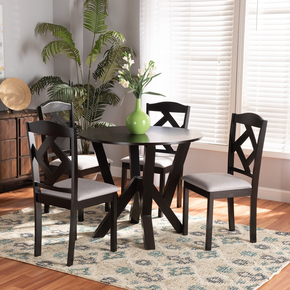 Baxton Studio Riona Modern Transitional Grey Fabric Upholstered And Dark Brown Finished Wood 5-Piece Dining Set