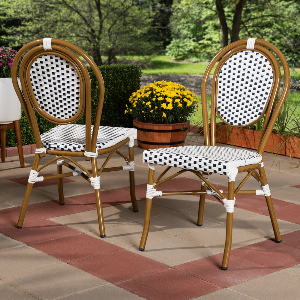 Baxton Studio Gauthier Classic French Indoor And Outdoor Navy And White Bamboo Style Bistro Stackable Dining Chair Set Of 2