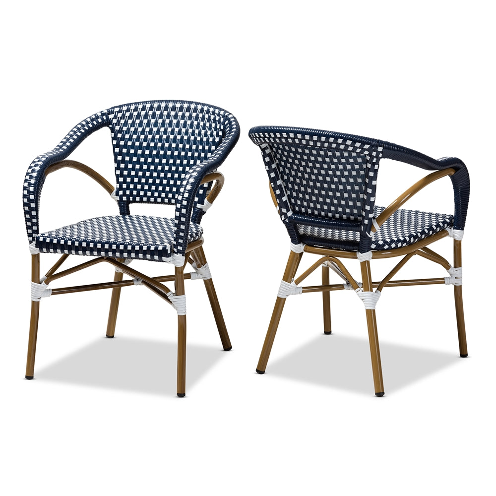 Baxton Studio Eliane Classic French Indoor And Outdoor Navy And White Bamboo Style Stackable Bistro Dining Chair Set Of 2