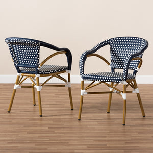 Baxton Studio Eliane Classic French Indoor And Outdoor Navy And White Bamboo Style Stackable Bistro Dining Chair Set Of 2