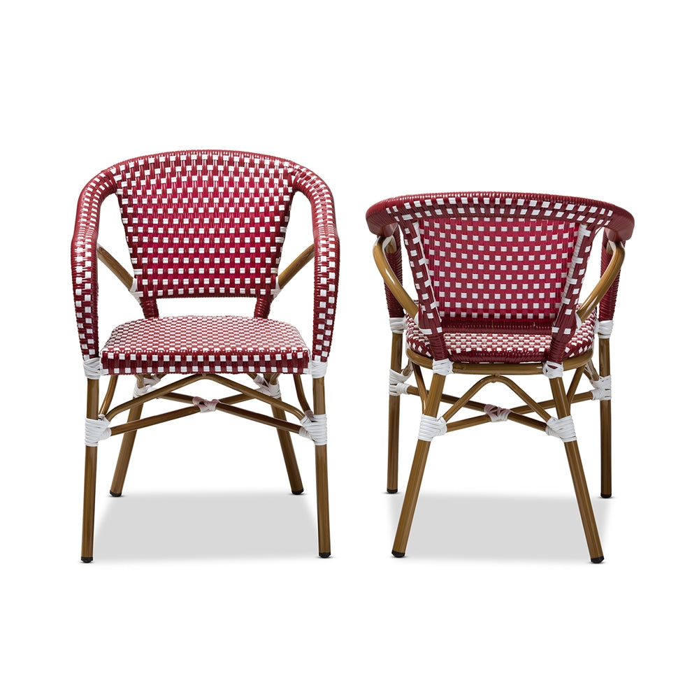 Baxton Studio Eliane Classic French Indoor And Outdoor Red And White Bamboo Style Stackable Bistro Dining Chair Set Of 2