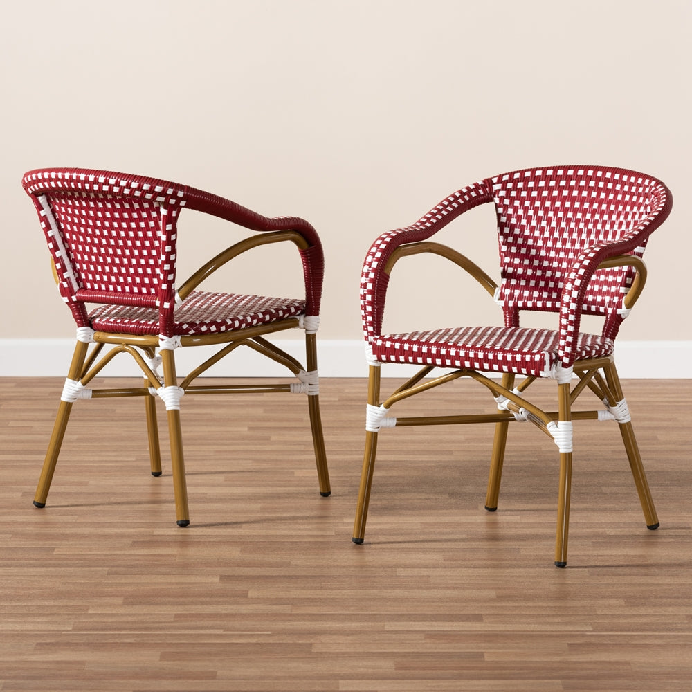 Baxton Studio Eliane Classic French Indoor And Outdoor Red And White Bamboo Style Stackable Bistro Dining Chair Set Of 2