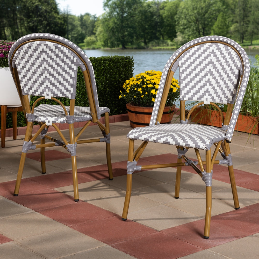 Baxton Studio Celie Classic French Indoor And Outdoor Grey And White Bamboo Style Stackable Bistro Dining Chair Set Of 2