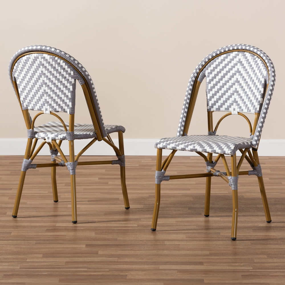 Baxton Studio Celie Classic French Indoor And Outdoor Grey And White Bamboo Style Stackable Bistro Dining Chair Set Of 2