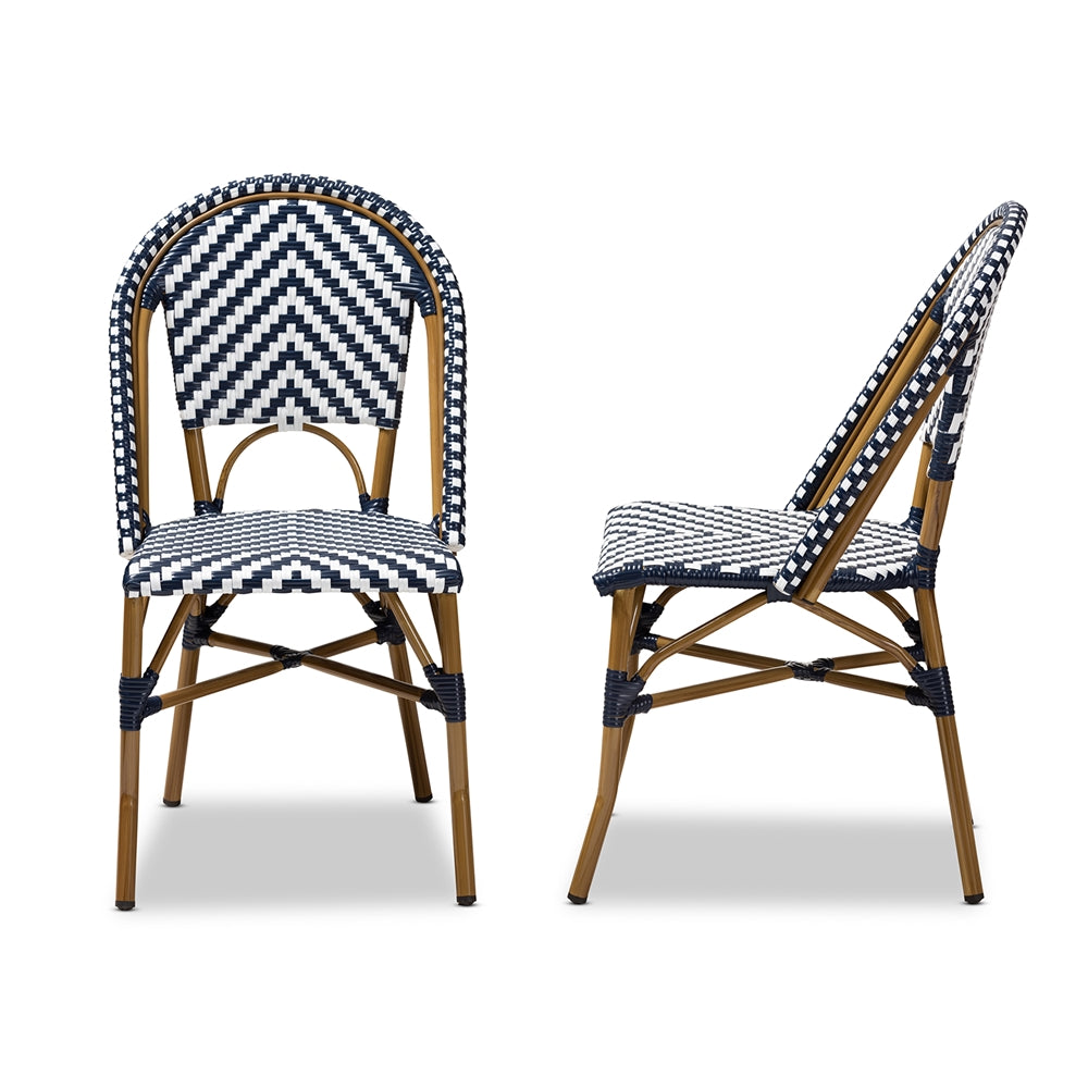 Baxton Studio Celie Classic French Indoor And Outdoor Blue And White Bamboo Style Stackable Bistro Dining Chair Set Of 2