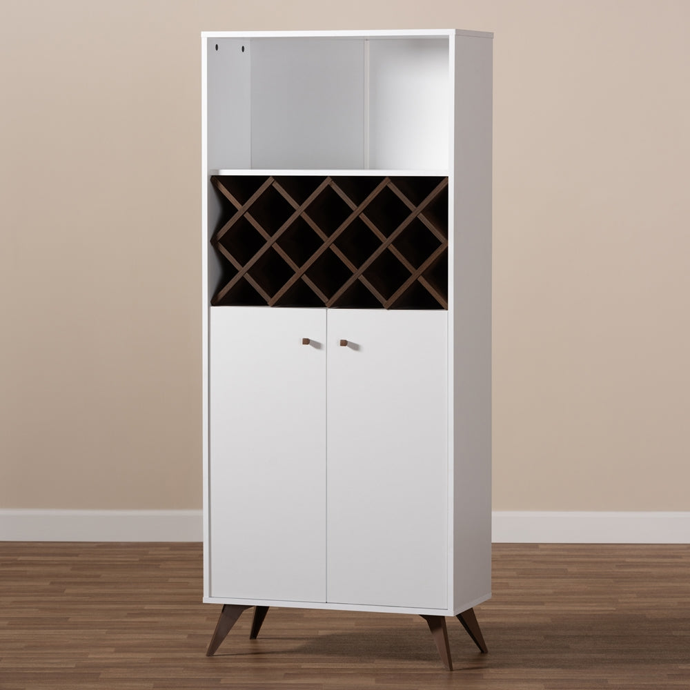 Baxton Studio Serafino Mid-Century Modern White And Walnut Finished Wood Wine Cabinet