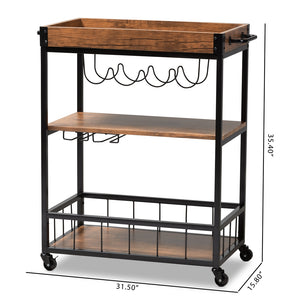 Baxton Studio Cerne Vintage Rustic Industrial Oak Brown And Black Finished Mobile Metal Bar Cart With Wine Bottle Rack