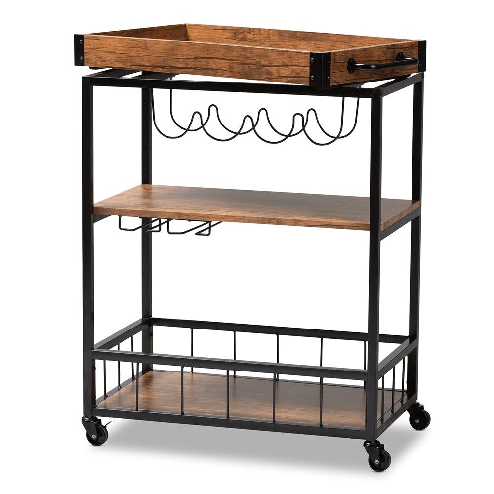 Baxton Studio Cerne Vintage Rustic Industrial Oak Brown And Black Finished Mobile Metal Bar Cart With Wine Bottle Rack