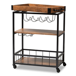 Baxton Studio Cerne Vintage Rustic Industrial Oak Brown And Black Finished Mobile Metal Bar Cart With Wine Bottle Rack