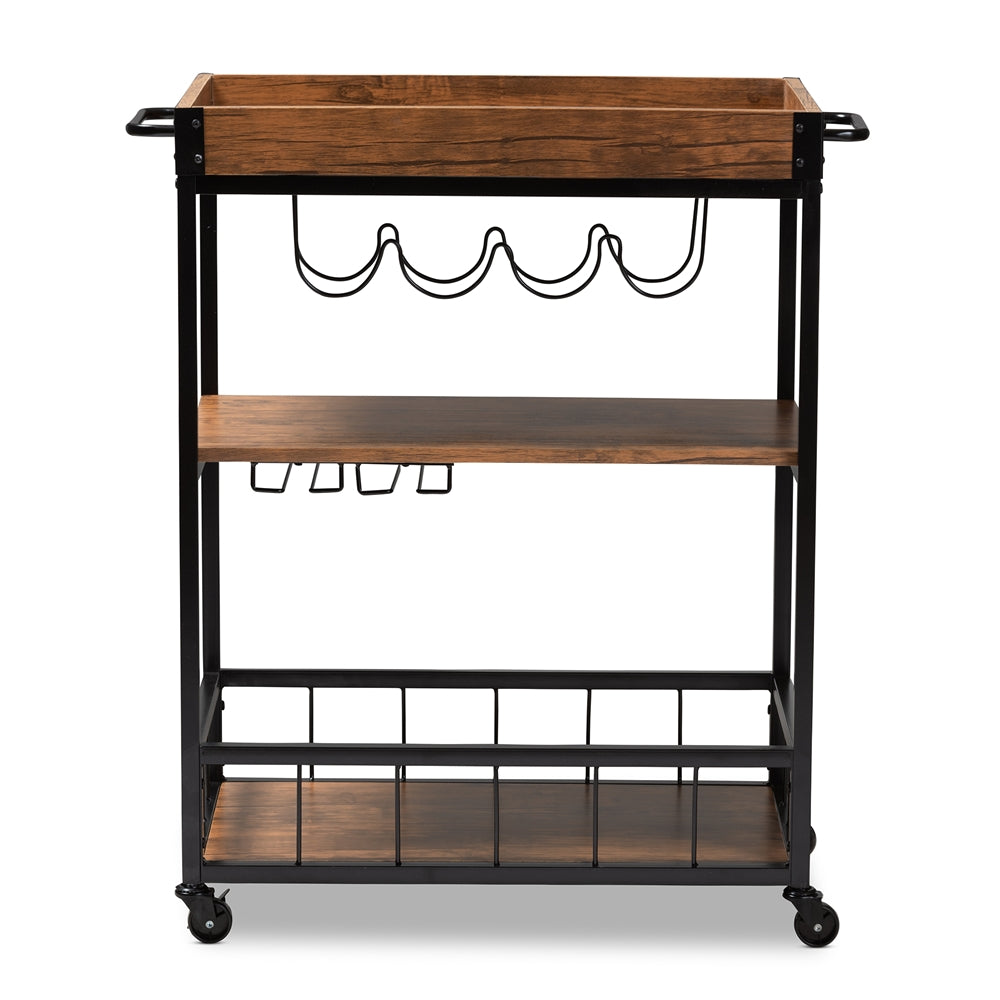 Baxton Studio Cerne Vintage Rustic Industrial Oak Brown And Black Finished Mobile Metal Bar Cart With Wine Bottle Rack