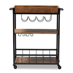 Load image into Gallery viewer, Baxton Studio Cerne Vintage Rustic Industrial Oak Brown And Black Finished Mobile Metal Bar Cart With Wine Bottle Rack
