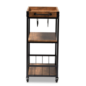 Baxton Studio Cerne Vintage Rustic Industrial Oak Brown And Black Finished Mobile Metal Bar Cart With Wine Bottle Rack