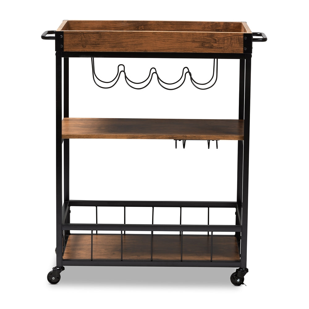 Baxton Studio Cerne Vintage Rustic Industrial Oak Brown And Black Finished Mobile Metal Bar Cart With Wine Bottle Rack