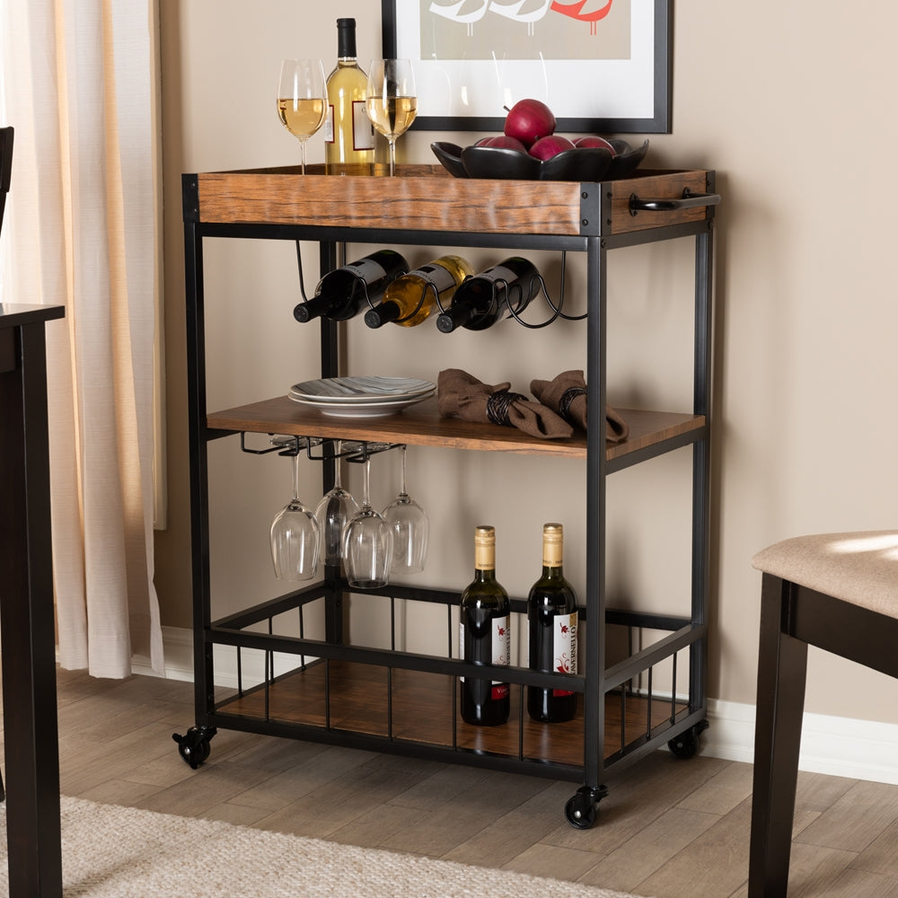 Baxton Studio Cerne Vintage Rustic Industrial Oak Brown And Black Finished Mobile Metal Bar Cart With Wine Bottle Rack