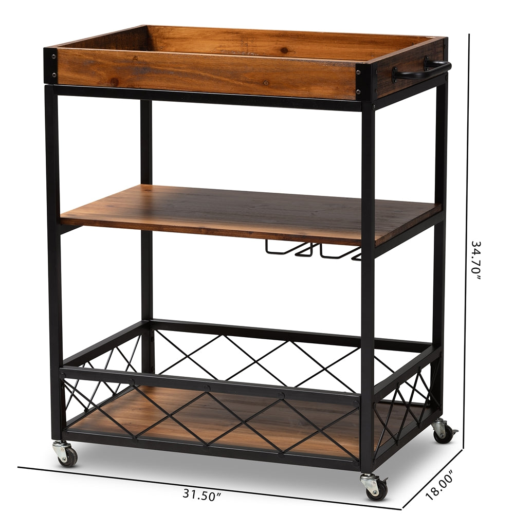 Baxton Studio Capri Vintage Rustic Industrial Oak Brown And Black Finished Mobile Metal Bar Cart With Stemware Rack