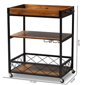 Baxton Studio Capri Vintage Rustic Industrial Oak Brown And Black Finished Mobile Metal Bar Cart With Stemware Rack