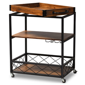 Baxton Studio Capri Vintage Rustic Industrial Oak Brown And Black Finished Mobile Metal Bar Cart With Stemware Rack