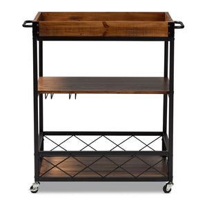 Baxton Studio Capri Vintage Rustic Industrial Oak Brown And Black Finished Mobile Metal Bar Cart With Stemware Rack