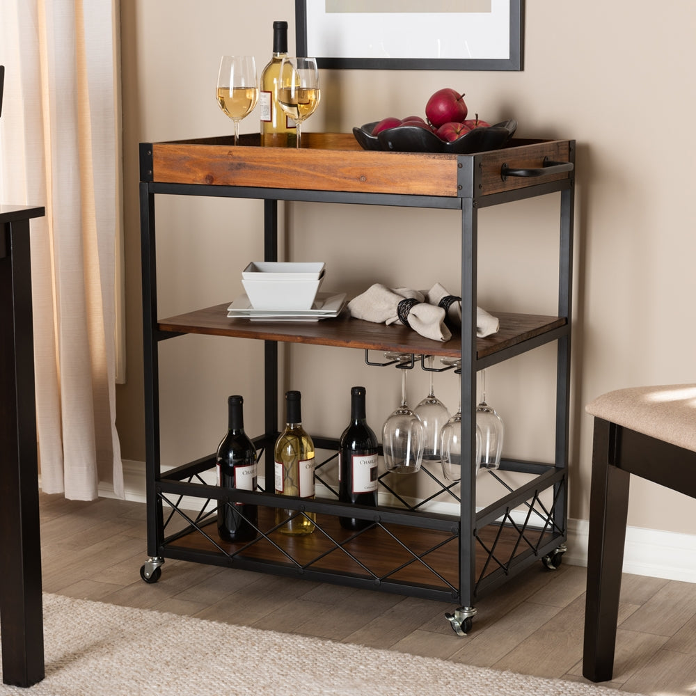 Baxton Studio Capri Vintage Rustic Industrial Oak Brown And Black Finished Mobile Metal Bar Cart With Stemware Rack