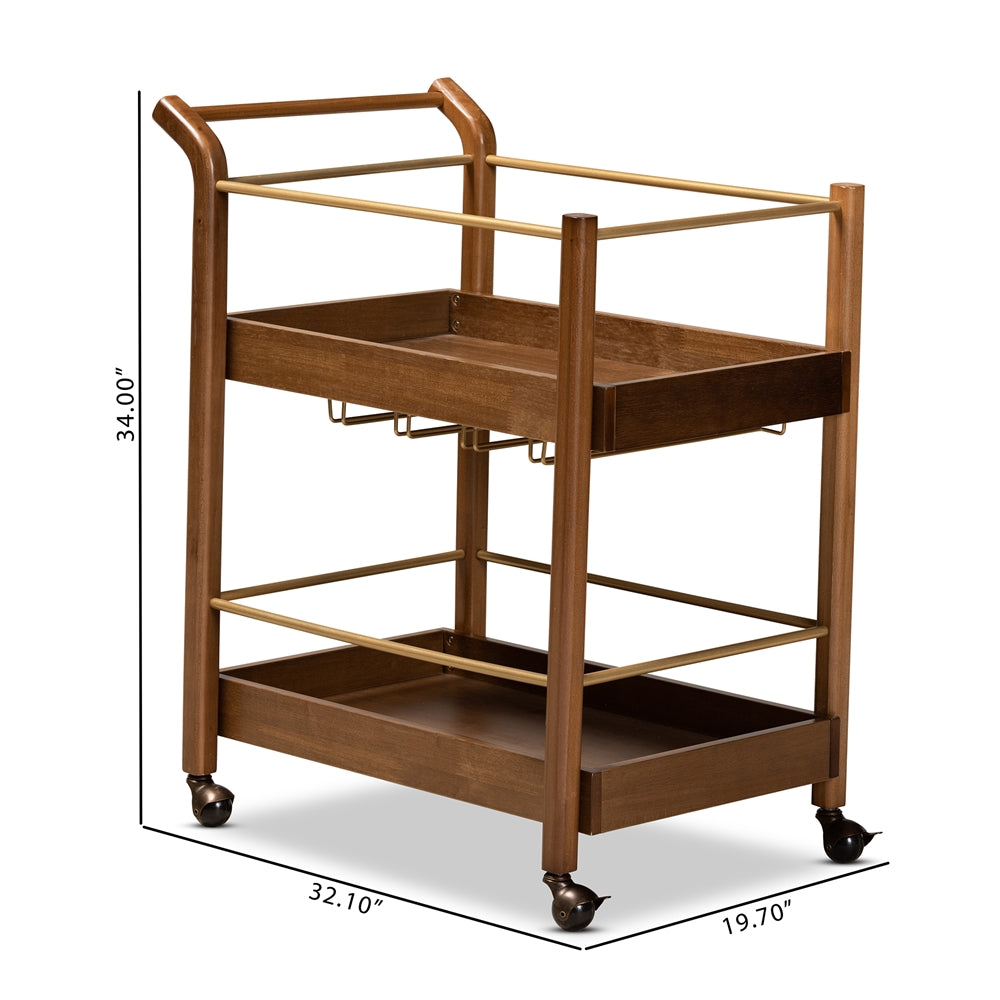 Baxton Studio Tahir Modern And Contemporary Walnut Brown Finished Wood And Antique Gold Finished Metal 2-Tier Mobile Bar Cart