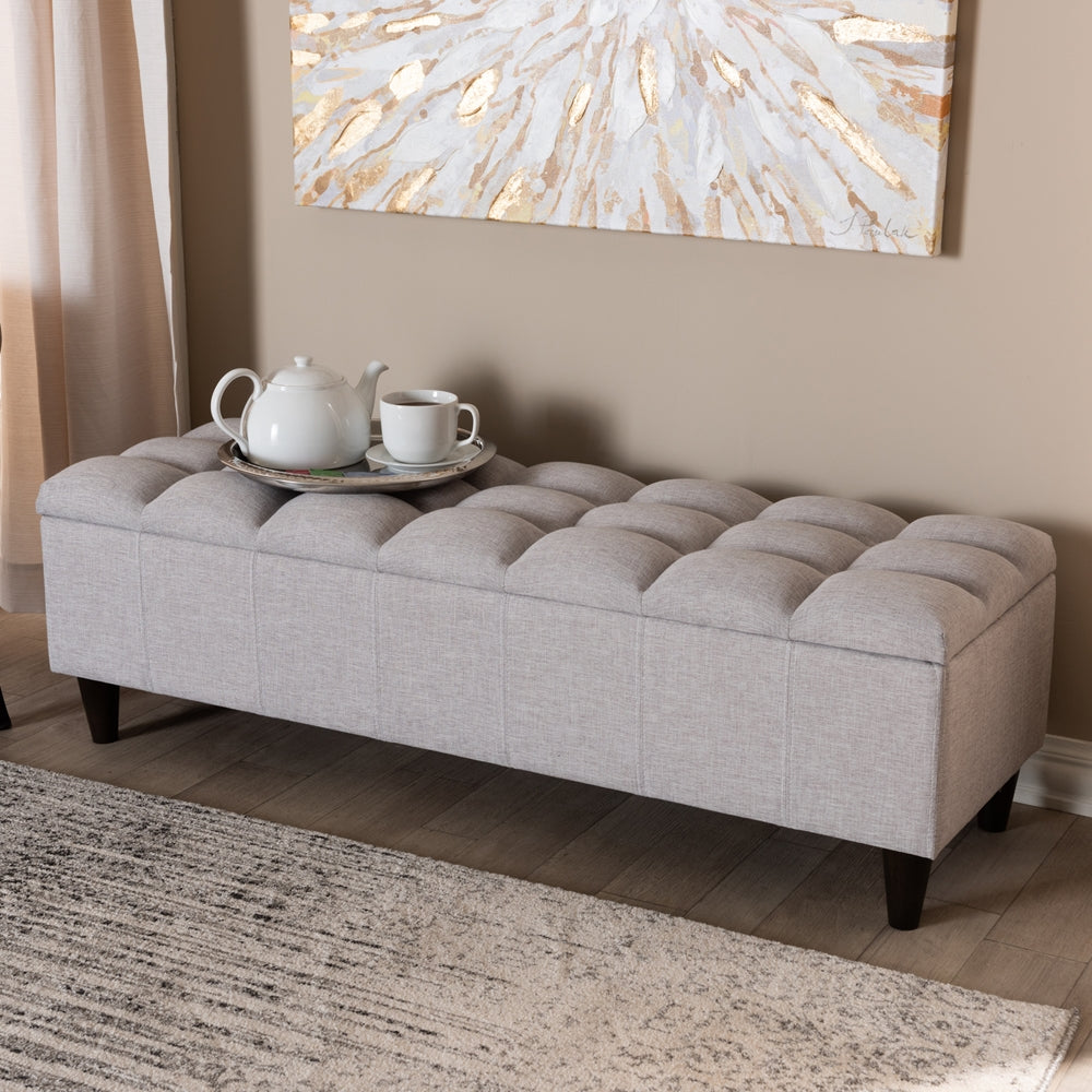 BAXTON STUDIO BRETTE MID-CENTURY MODERN GRAYISH BEIGE FABRIC UPHOLSTERED DARK BROWN FINISHED WOOD STORAGE BENCH OTTOMAN